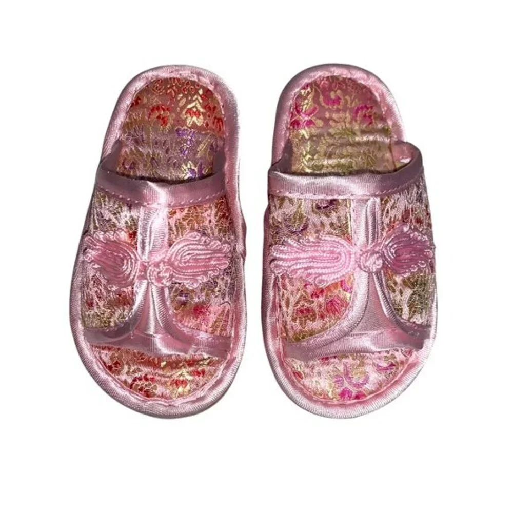 Pink Silk Chinese Knot Asian Slipper Slip On Toddler Oriental Heritage Shoes